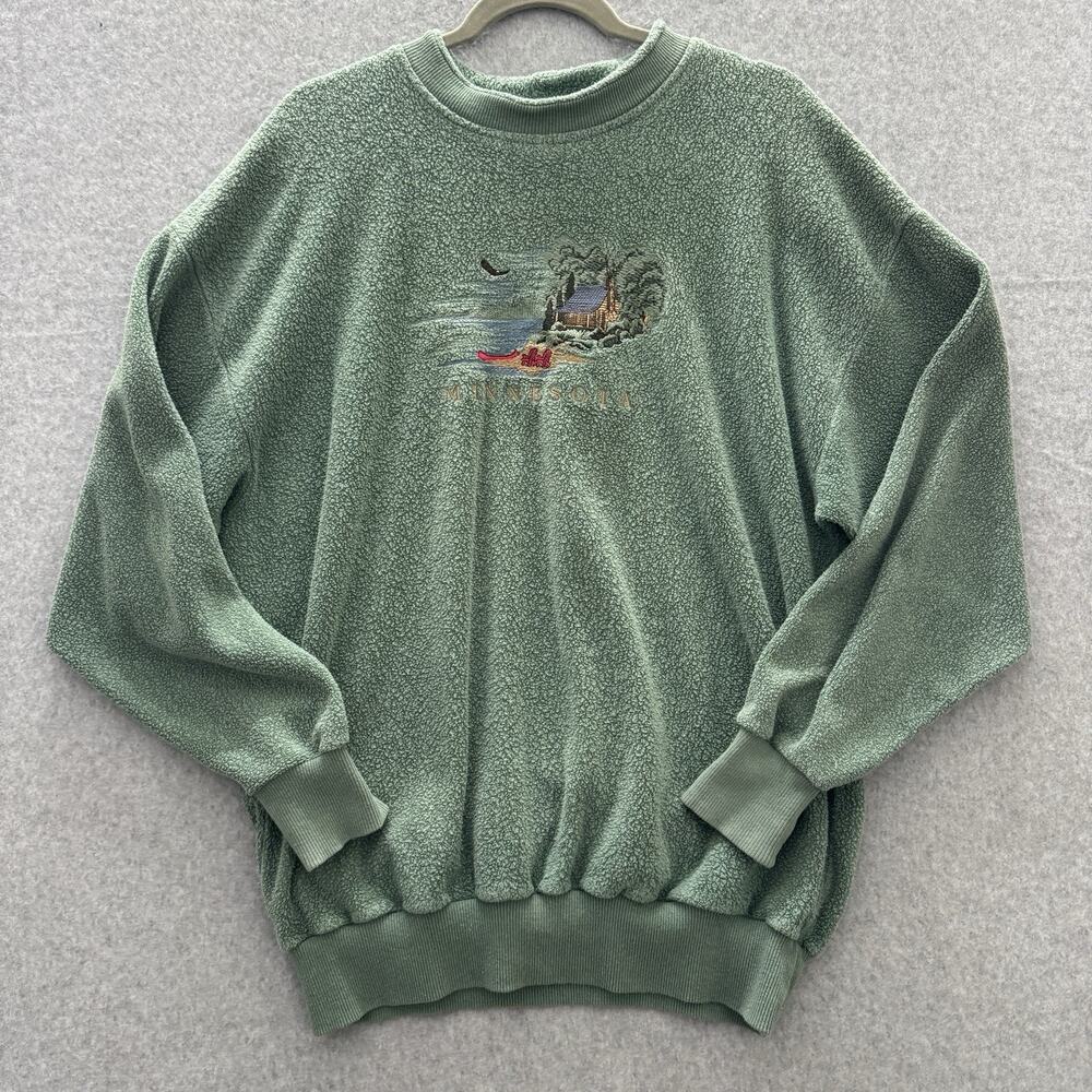 VTG Art Limited Cotton Fuzzy Sweatshirt Sz L* Green Minnesota Cabin Cozy USA